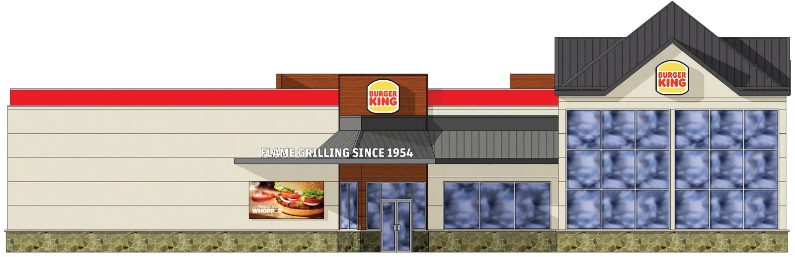 Proposed south elevation rendering showing a raised lower parapet, higher parapet extension, and "FLAME GRILLING SINCE 1954" signage