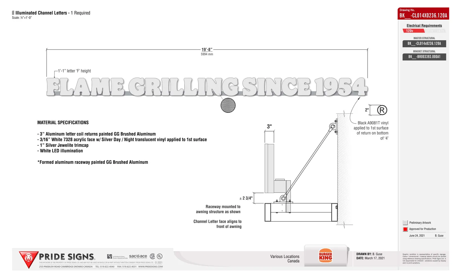 Technical drawing of the "FLAME GRILLING SINCE 1954" channel letters