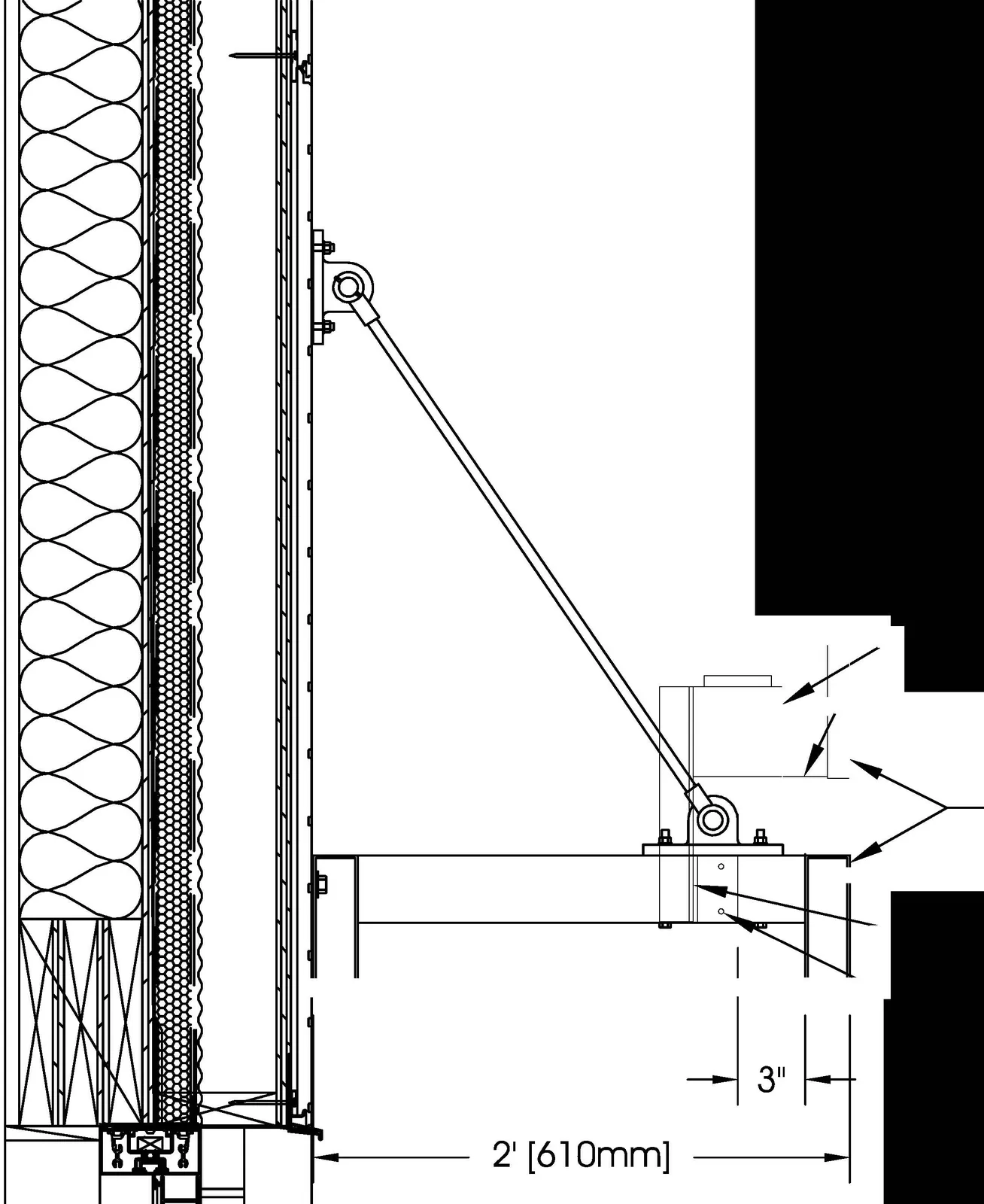 Section detail of sign mounting with 3" and 2' (610mm) dimensions