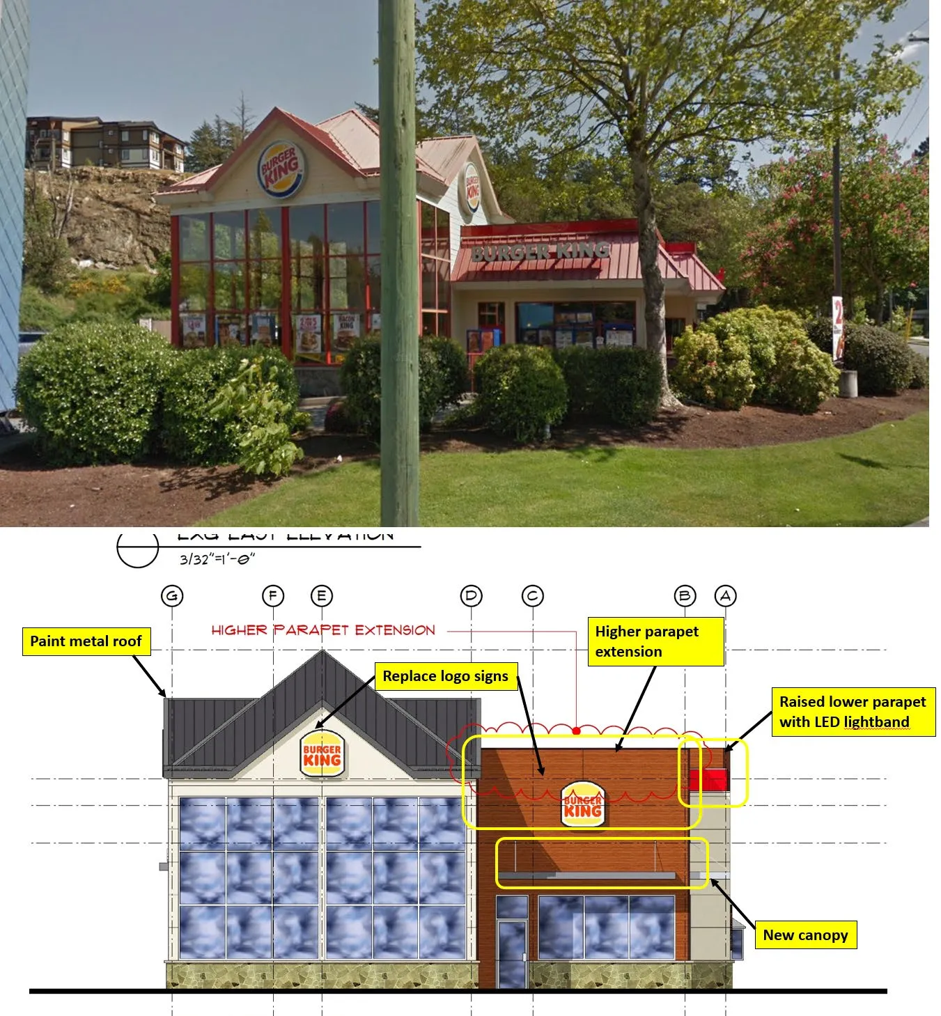 Existing building photograph and proposed South Elevation architectural rendering with annotations for new signage, drive-thru window, and parapet modifications