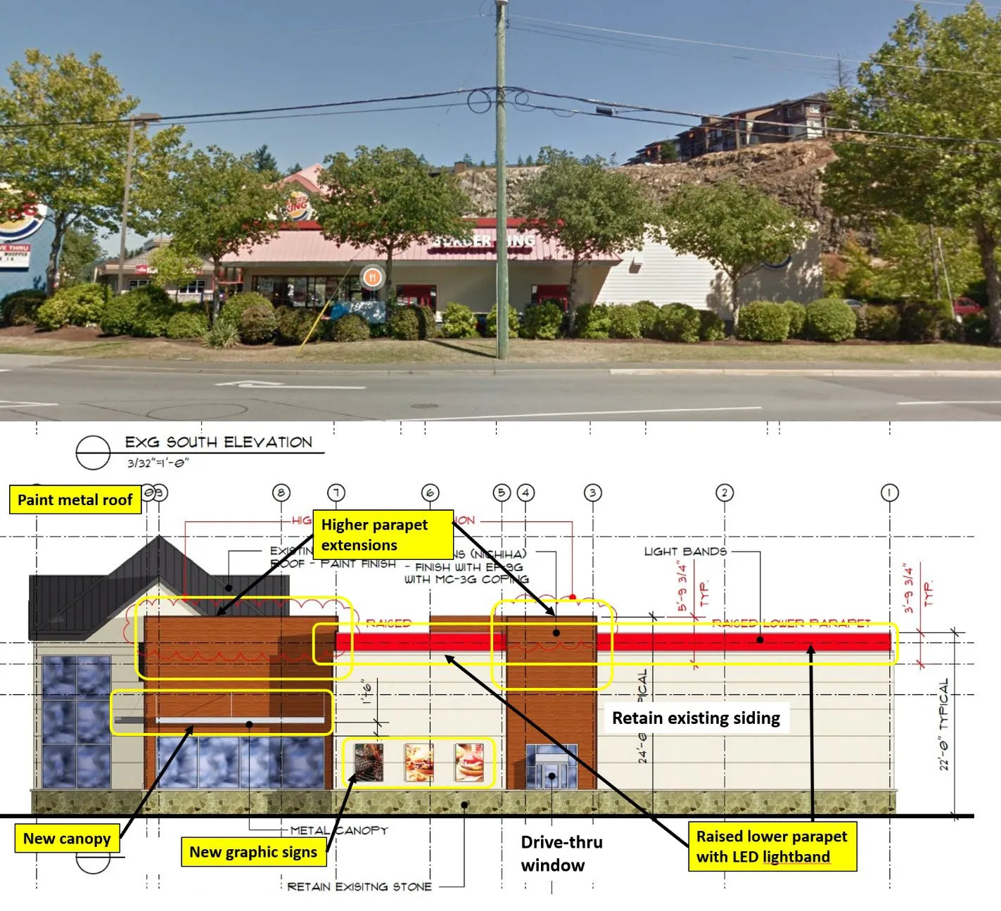 Existing building photograph and proposed East Elevation architectural rendering with annotations for retaining existing siding and raising the lower parapet with an LED lightband