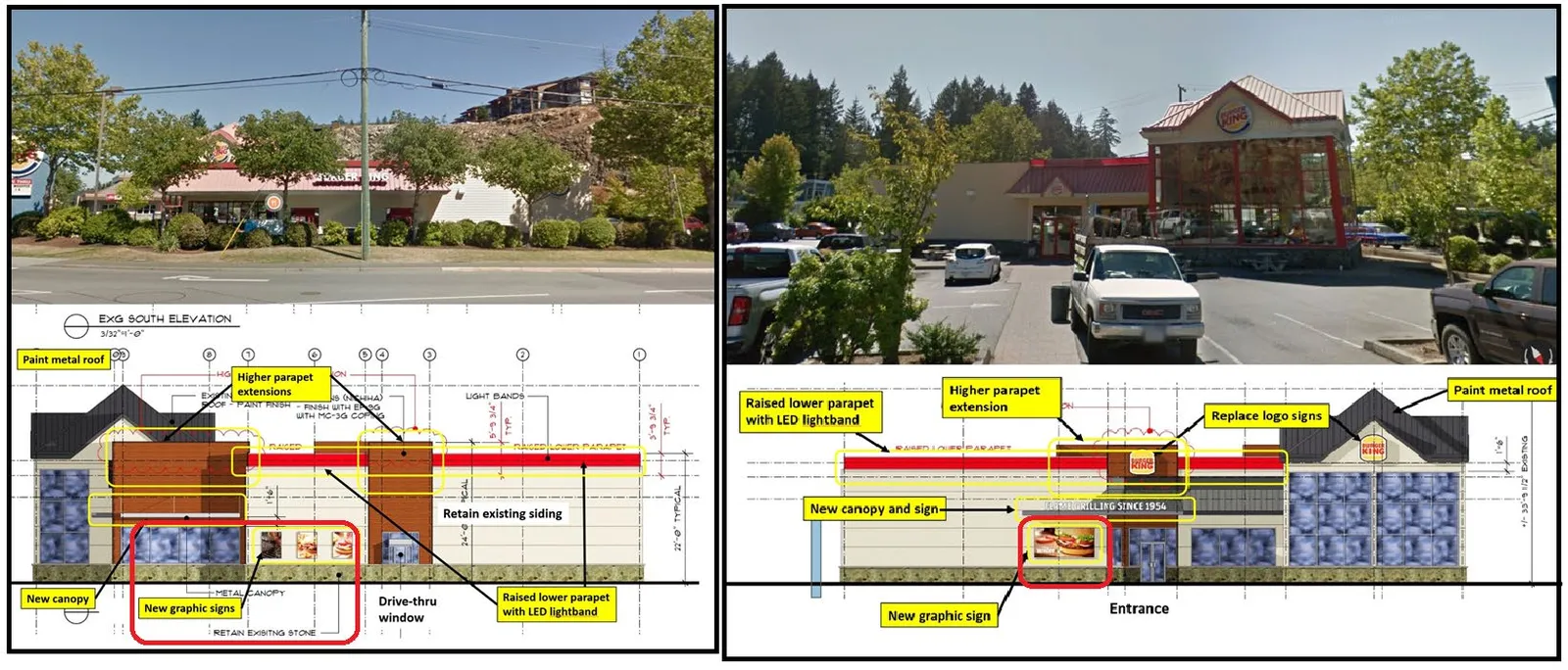 Collage showing existing building photos and proposed elevations highlighting locations for new graphic signs