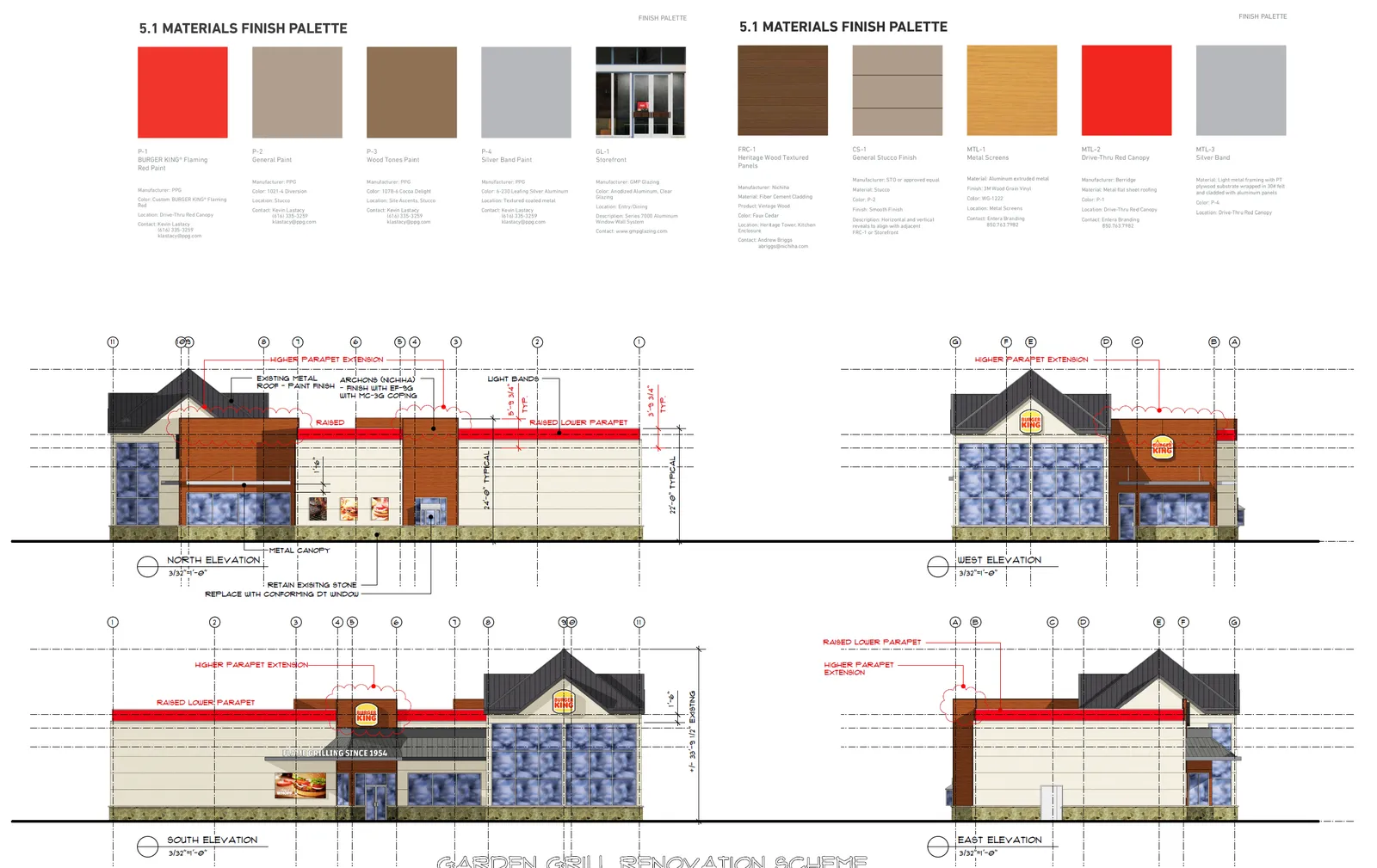 5.1 Materials Finish Palette including paint colours, wood tones, metal screens, and metal roofing, accompanied by full site elevations (North, West, South, and East)