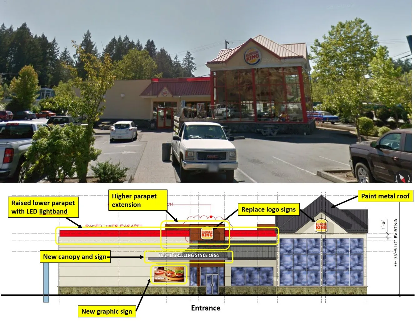 Existing building photograph and proposed North Elevation architectural rendering with annotations for raised parapets, LED lightband, new signage, and canopy