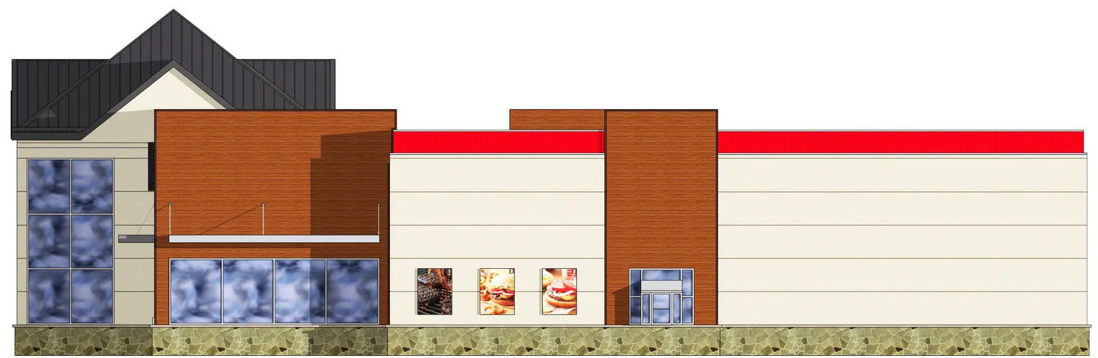Rendering of the South Elevation featuring "FLAME GRILLING SINCE 1954" text