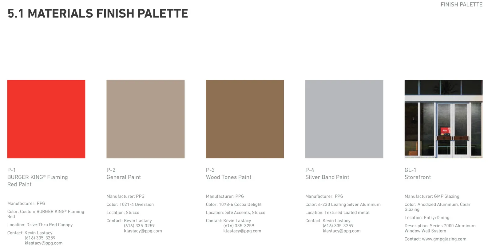Materials finish palette for paint colors P-1 through P-4 and storefront system GL-1