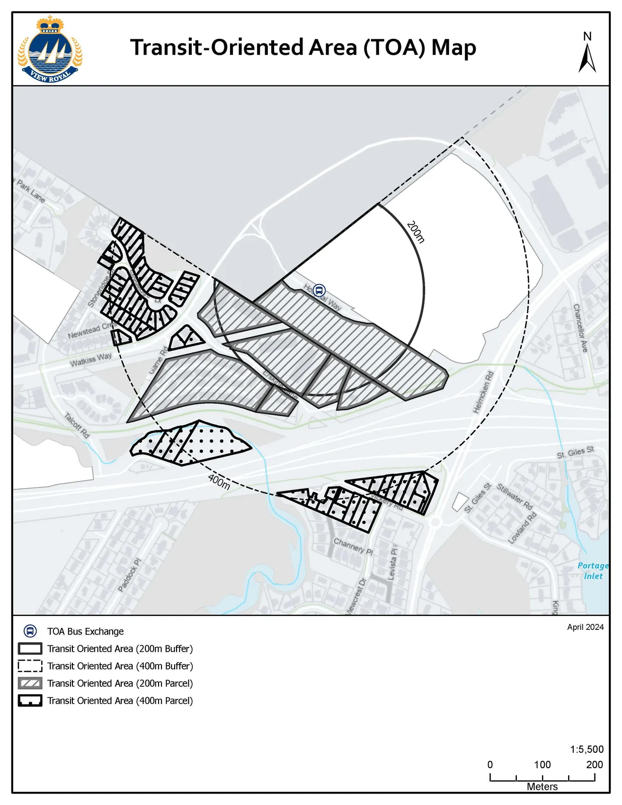 Transit-Oriented Area (TOA) Map showing 200m and 400m buffer zones and designated parcels near Helmcken Road, Hospital Way, and the Trans-Canada Highway
