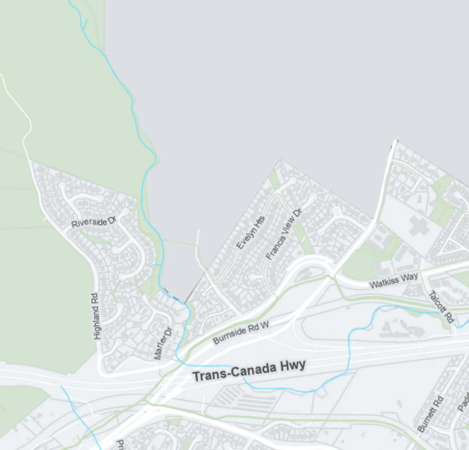 Map section showing the area around Burnside Road West and the Trans-Canada Highway
