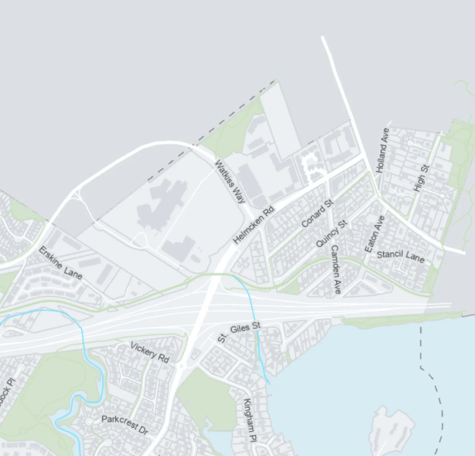 Map section showing the northeast residential area around Helmcken Road, Watkiss Way, and Holland Avenue