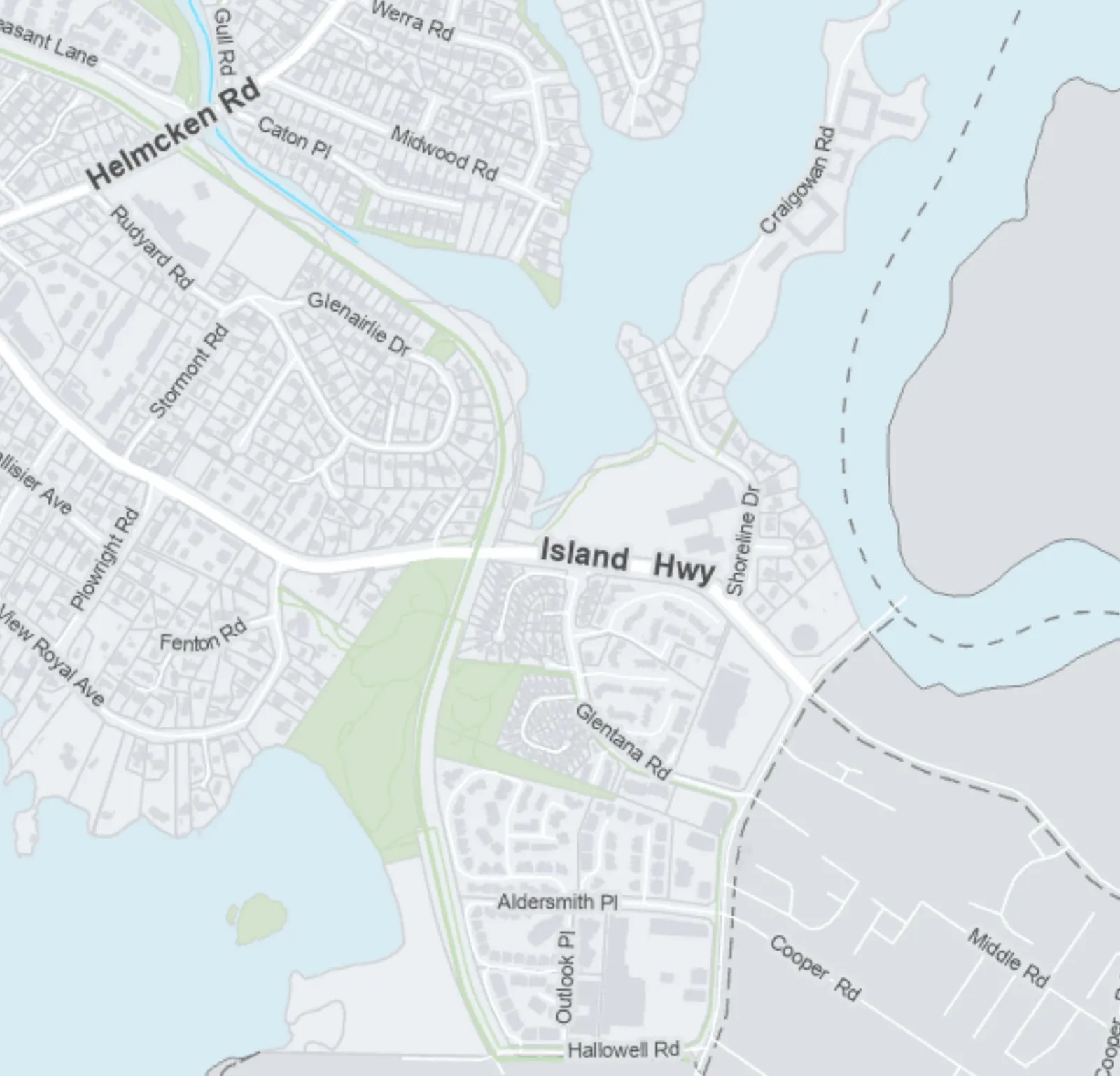 Map section showing the Island Highway, Portage Inlet, and the Esquimalt Nation and Saanich boundaries