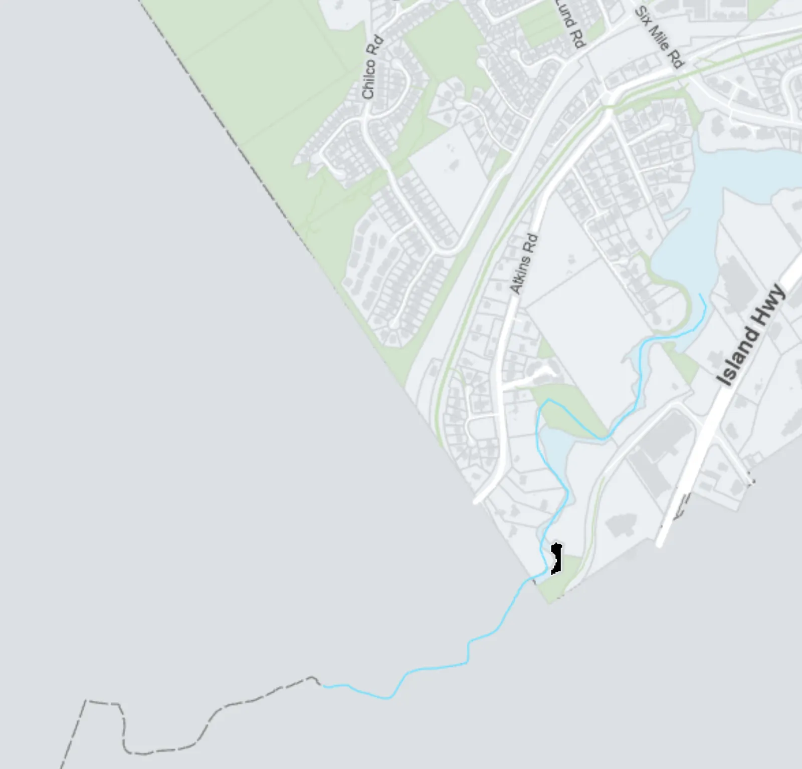 Map section showing the western area around Island Highway, Atkins Road, and Chilco Road