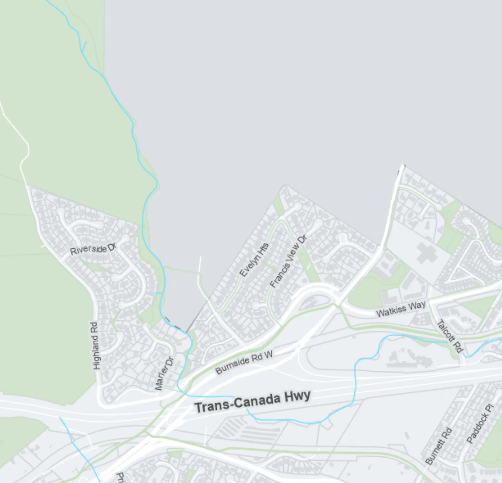 Map segment showing Burnside Rd W and Trans-Canada Hwy area