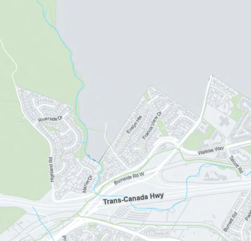 Map segment showing the north-central region, highlighting the Trans-Canada Highway, Burnside Road West, and Watkiss Way.