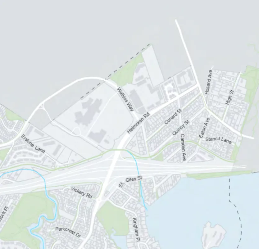 Map segment showing the northeast region, including Helmcken Road, Portage Inlet, and surrounding residential parcels.