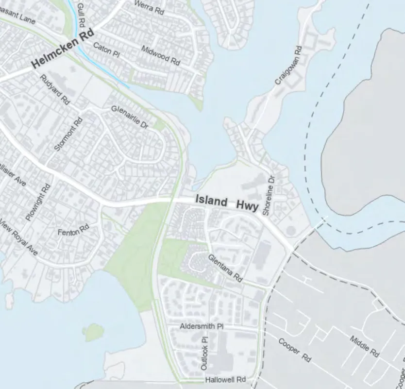 Map segment showing the southeast region, including the Island Highway, Shoreline Drive, and the Esquimalt Nation territory.
