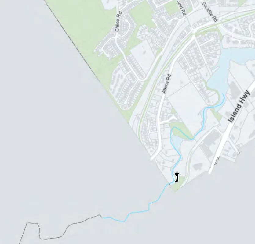 Map segment showing the southwest region, including the City of Colwood border and the southern portion of the Island Highway.