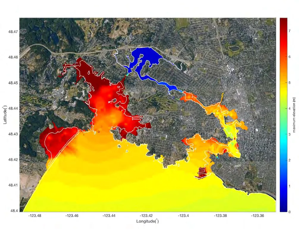Map showing the maximum occurring water surface elevation in Victoria and Esquimalt during a CSZ-L1 event, overlaid on a satellite image of the region. A color scale indicates elevations ranging from 0 meters (dark blue) to over 7 meters (dark red).