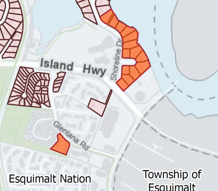 Map titled Figure 1 identifying sanitary pinch point properties in orange located near Island Hwy, Shoreline Dr, and Glentana Rd, adjacent to Esquimalt Nation and Township of Esquimalt