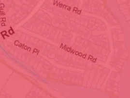 Map detail of Midwood Rd area showing parcels with no sidewalk frontage (red outlines)