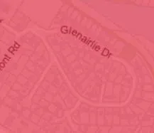 Map detail of Glenairlie Dr area showing parcels with no sidewalk frontage (red outlines)