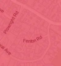 Map detail of Fenton Rd area showing parcels with no sidewalk frontage (red outlines)