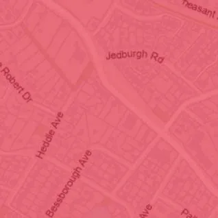Map detail of Evelyn Hts area showing parcels with no sidewalk frontage (red outlines)