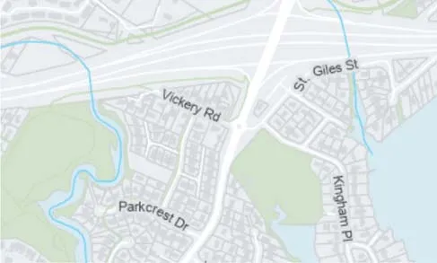 Map detail showing highway interchange and street layout