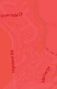 Map detail of Highland Rd and Marler Dr showing parcels with no sidewalk frontage (red outlines)
