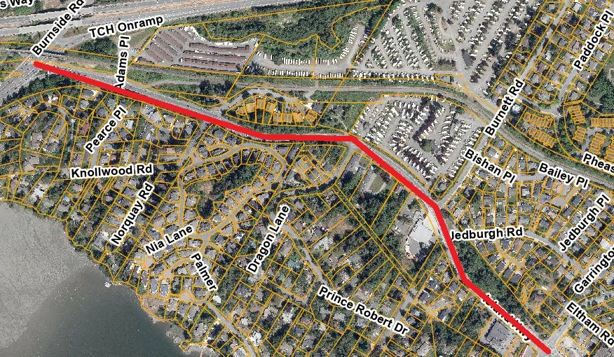 Aerial map showing the section of Island Highway from Burnside Road West/Colwood Interchange to Helmcken Road marked with a red line.