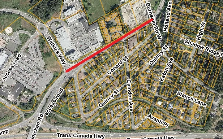 Aerial map showing the section of Helmcken Road from Watkiss Way to Burnside Road West marked with a red line.