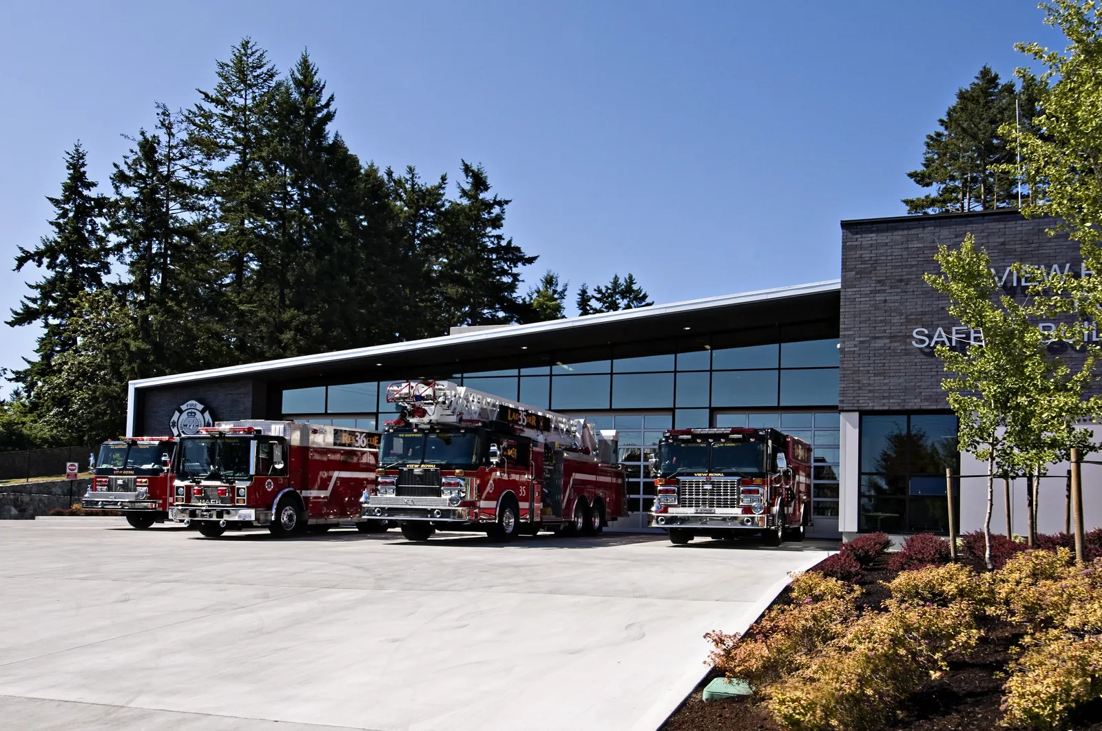 Four fire trucks parked in front of the View Royal fire station