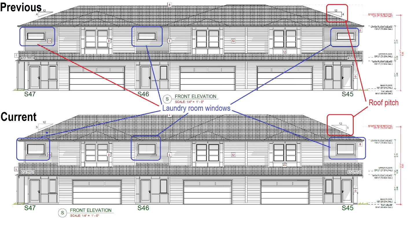 Architectural diagrams comparing previous and current front elevations for Building S, highlighting changes to roof pitch and window sizes