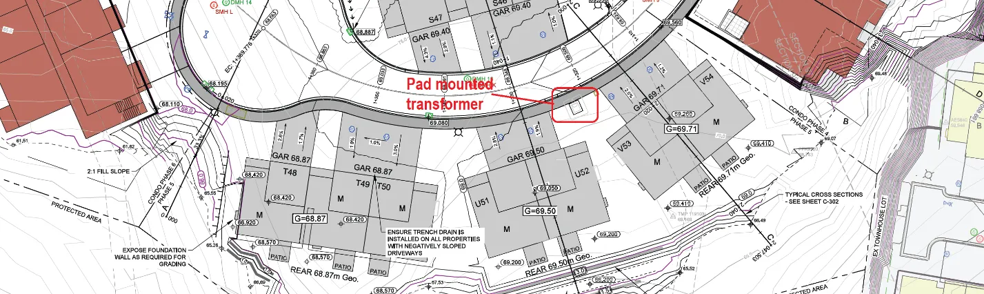 Partial site servicing plan indicating the location of the pad mounted transformer