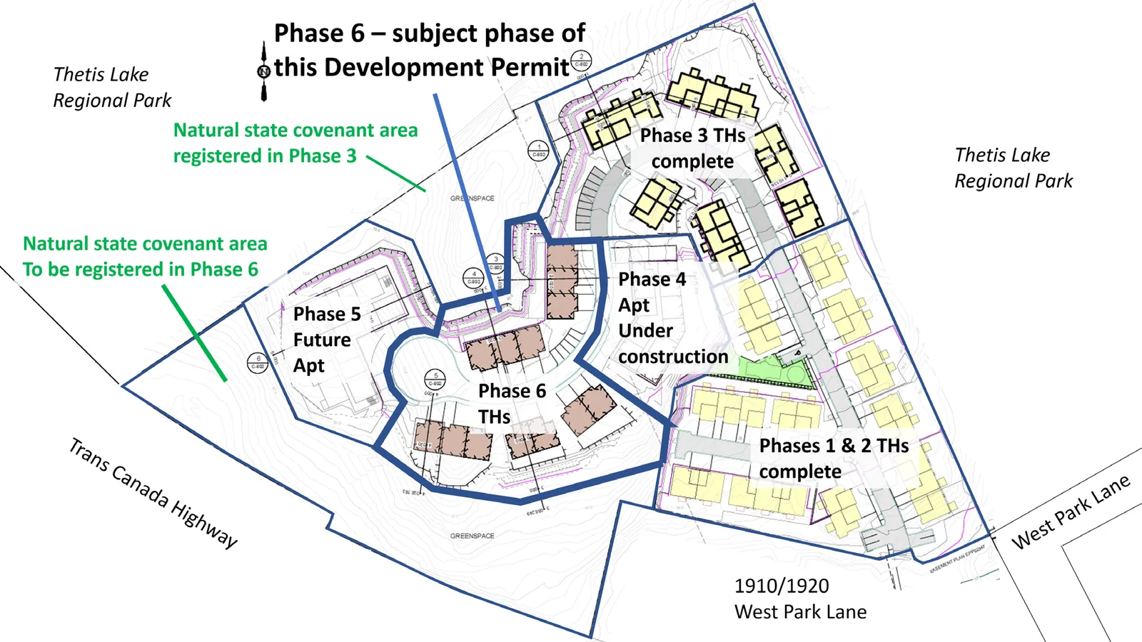 Figure 1. Phased Strata Plan showing Phase 6 subject phase, surrounding complete phases, future Phase 5, and natural state covenant areas adjacent to Thetis Lake Regional Park.