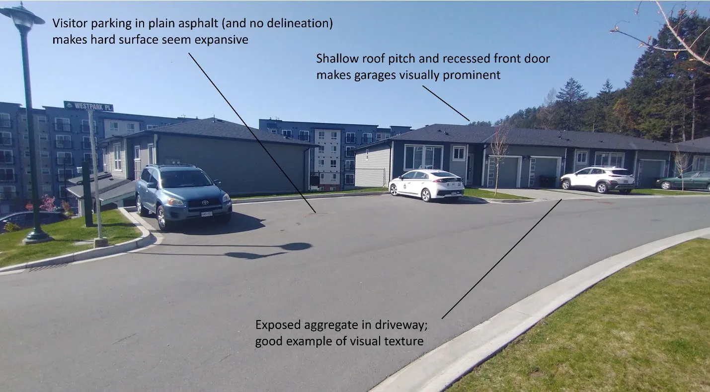Figure 4. Photograph of existing development with staff commentary regarding plain asphalt visitor parking, shallow roof pitches, recessed front doors, and exposed aggregate in driveways as a good example of visual texture.
