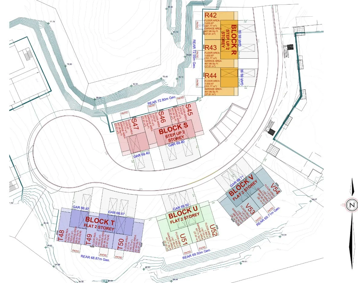 Figure 2. Phase 6 Site Plan detail showing building footprints for Block R, Block S, Block T, Block U, and Block V with associated floor areas and garage elevations.