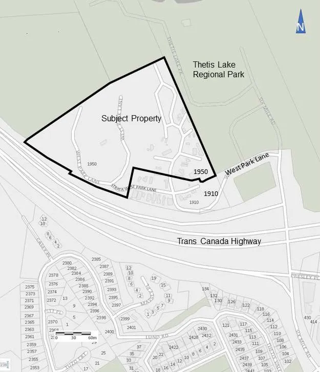 Location plan showing the Subject Property on West Park Lane, bordered by Thetis Lake Regional Park to the north and the Trans Canada Highway to the south.