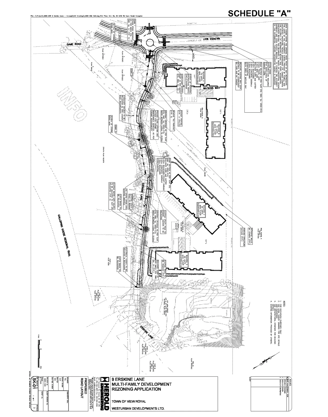 Proposed Road Layout drawing for 9 Erskine Lane Multi-Family Development Rezoning Application, prepared by Herold Engineering, Project No. 4688-005, Drawing No. SK-01, dated Oct 26, 20. The plan shows four residential buildings (A, B, C, D) and details for a proposed traffic circle at the intersection of Erskine Lane and Watkiss Way.