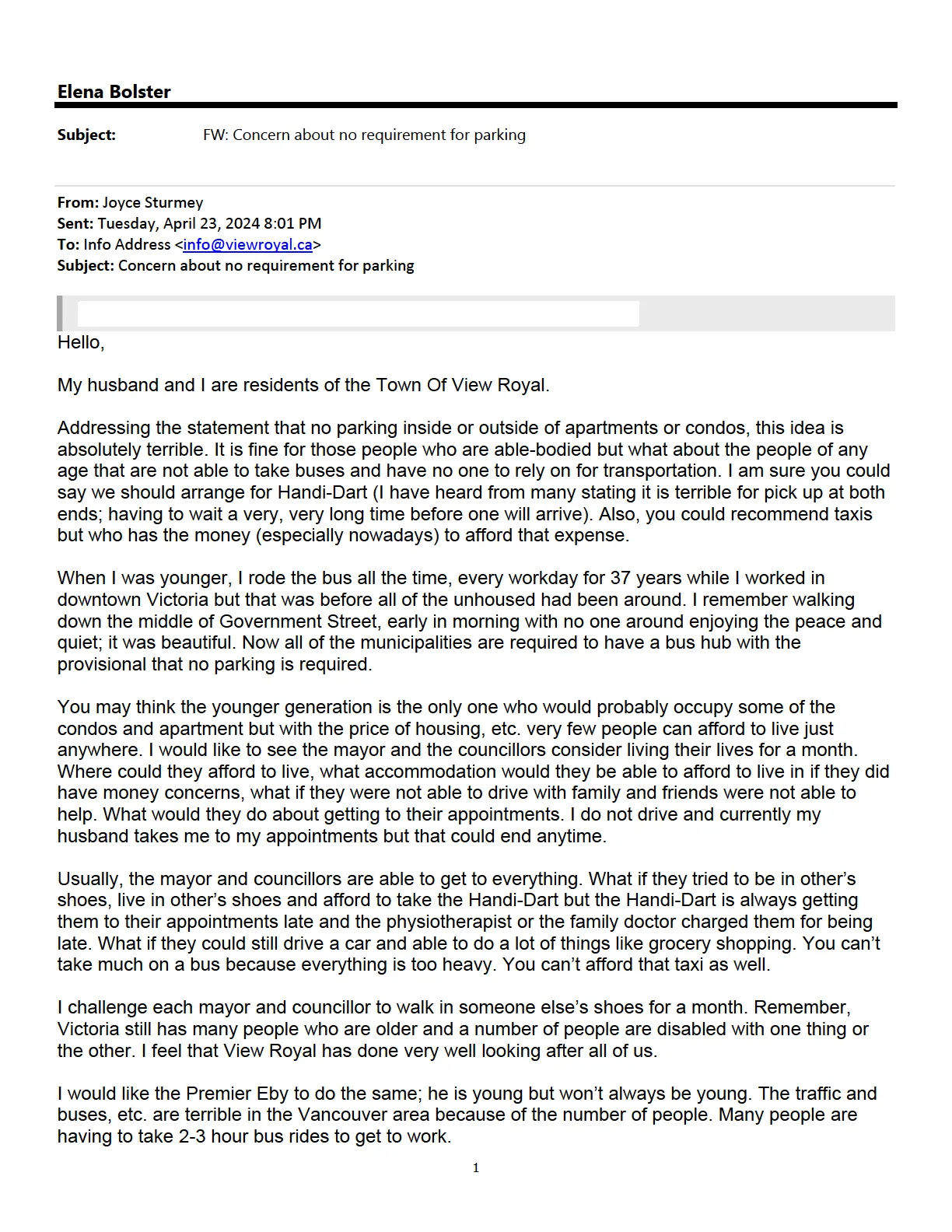 Email from Joyce Sturmey regarding parking requirements for apartments and condos in View Royal