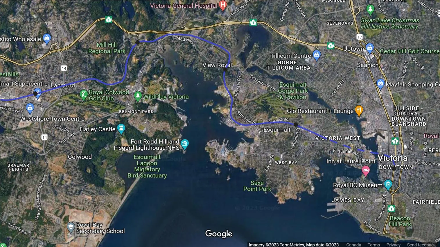 Aerial map of the Victoria area highlighting station locations and the rail corridor