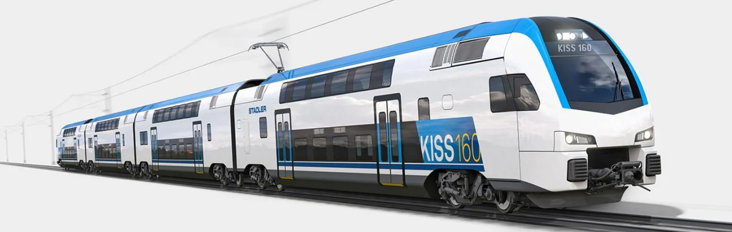 Rendering of a Stadler KISS Bi-Level EMU train on tracks