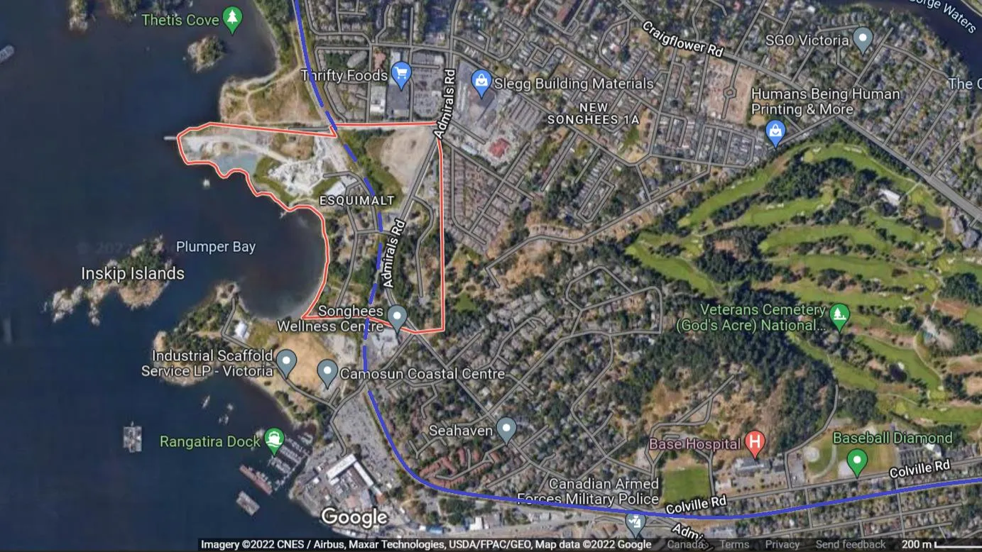 Map detailing the rail corridor through the Esquimalt and Songhees First Nation reserves