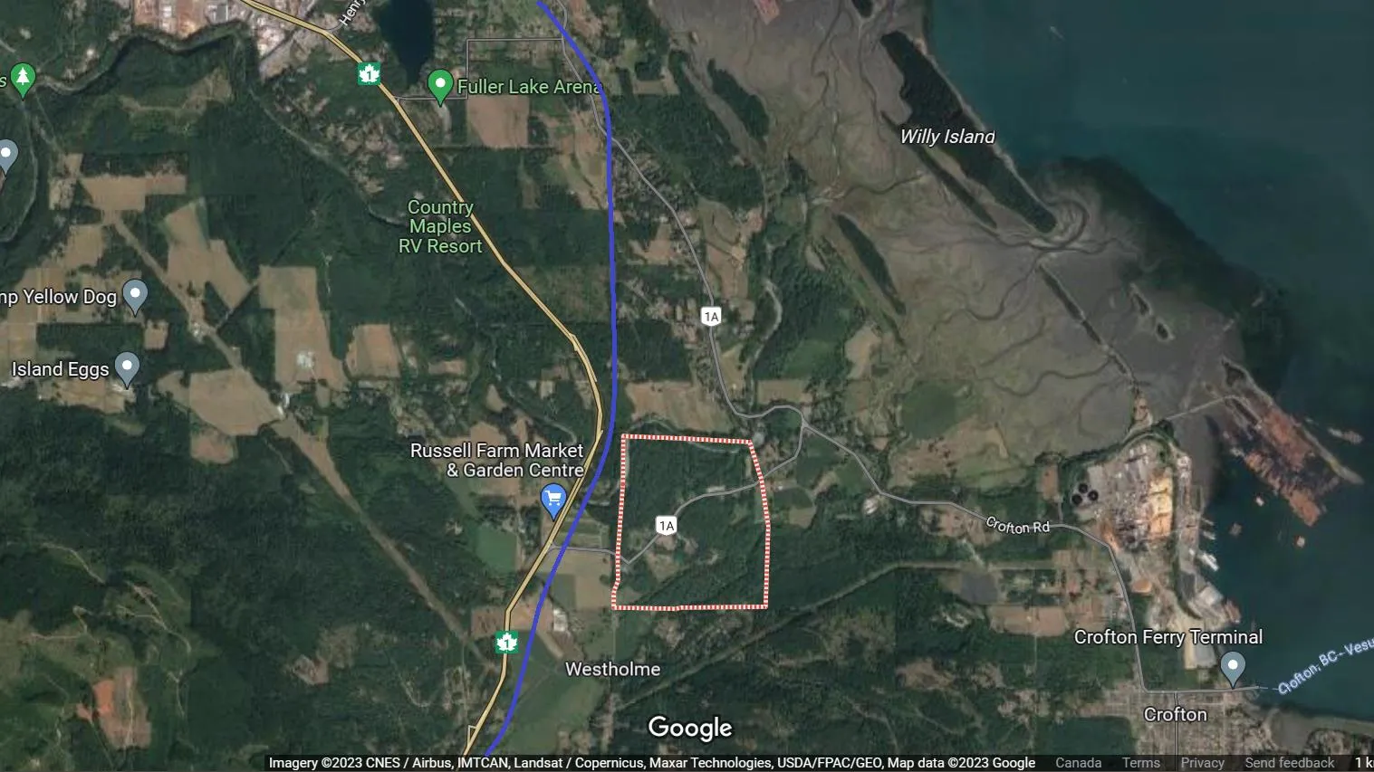 Map showing the existing rail line and the proposed new right of way west of the Halalt First Nation reserve