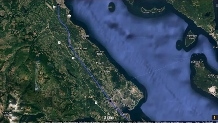Overview map showing the proposed rail extension from Courtenay to Campbell River