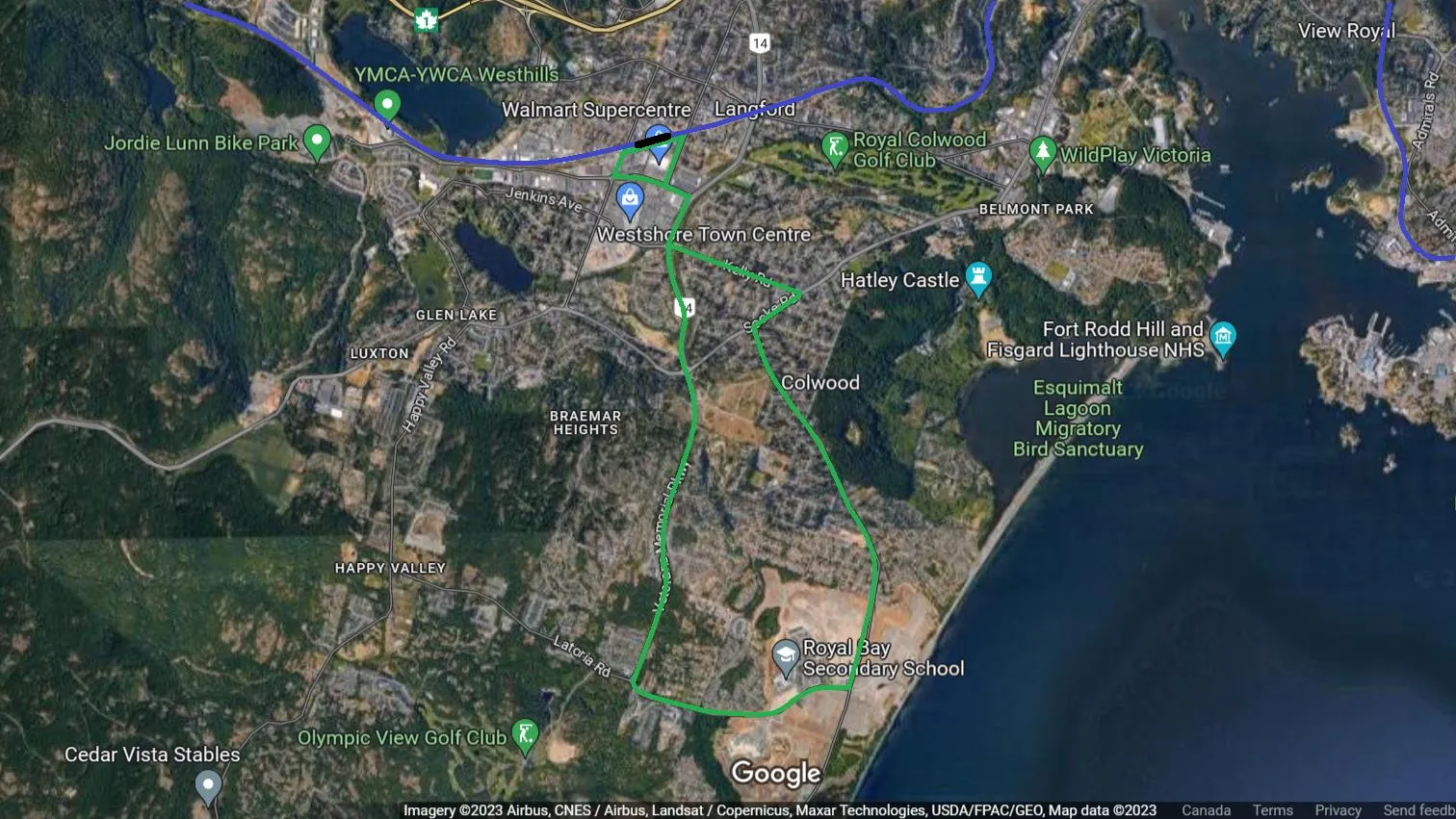 Map showing proposed Colwood Rapid Transit bus route and its connection to the rail line