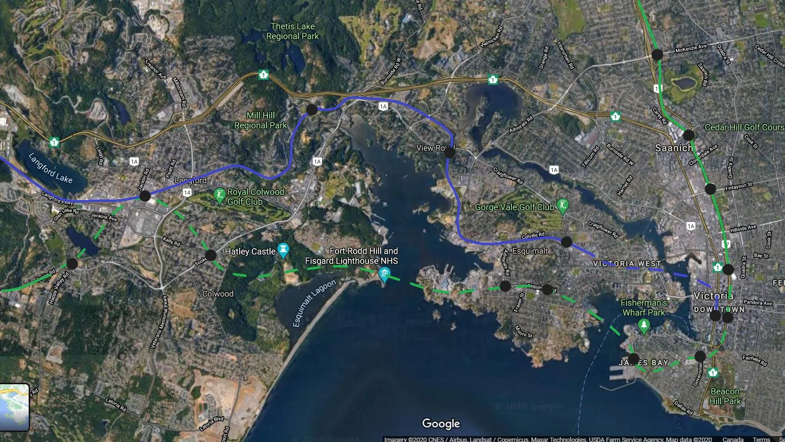 Map showing the potential long-term expansion of the Victoria Metro system to Sooke and Sidney