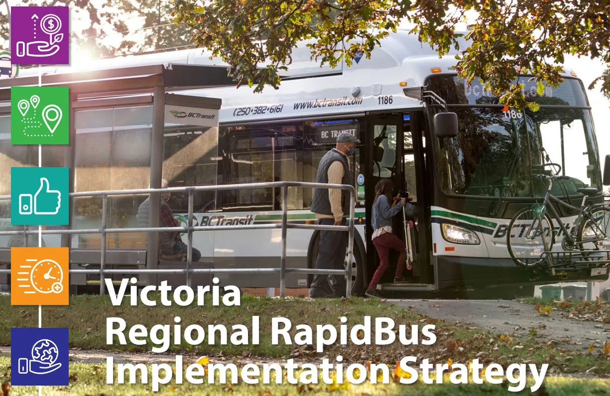 People boarding a bus with "Victoria Regional RapidBus Implementation Strategy" graphic overlay