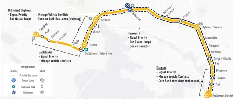 Route map highlighting transit priority improvements along Island Highway, Goldstream, and Douglas corridors