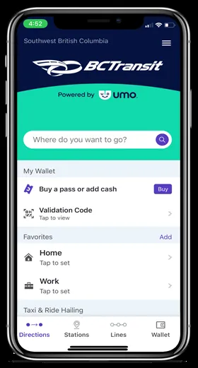 Smartphone displaying the Umo mobile app interface for transit fare management