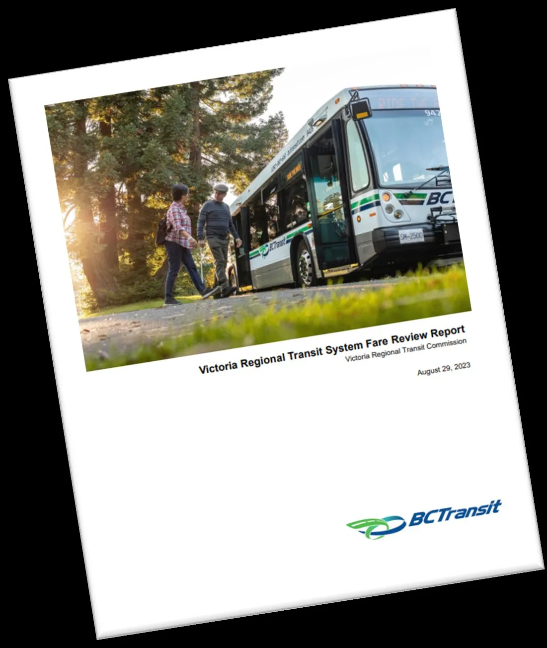 Front cover of the "Victoria Regional Transit System Fare Review Report" dated August 29, 2023